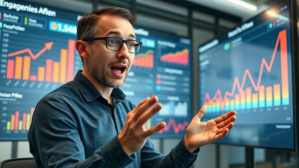 Marketer reviewing before and after engagement analytics from a successful blog post repurposing campaign for social media in a high-tech office.