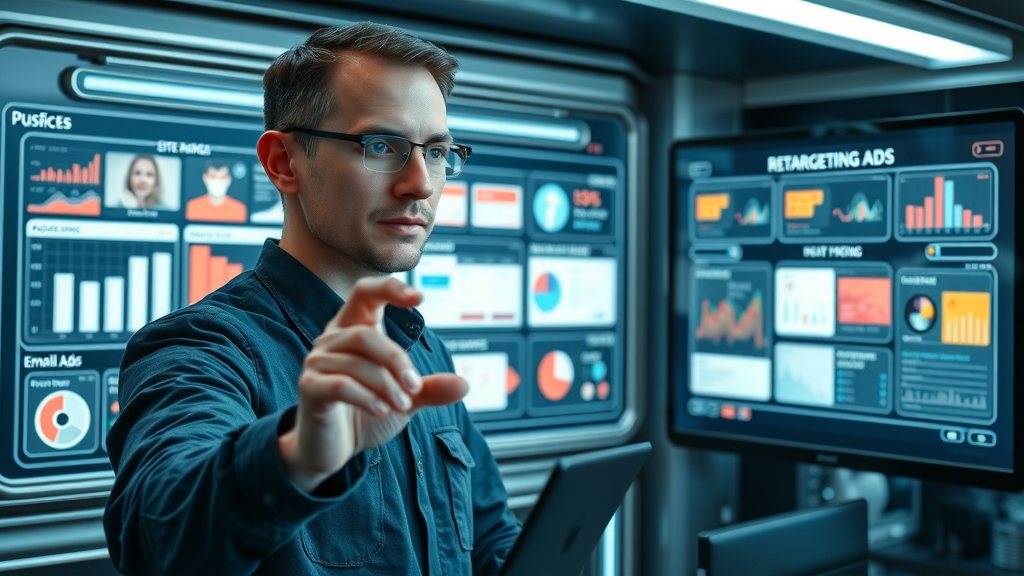 futuristic user interface comparing retargeting ad types, site vs. dynamic vs. email, retargeting campaign