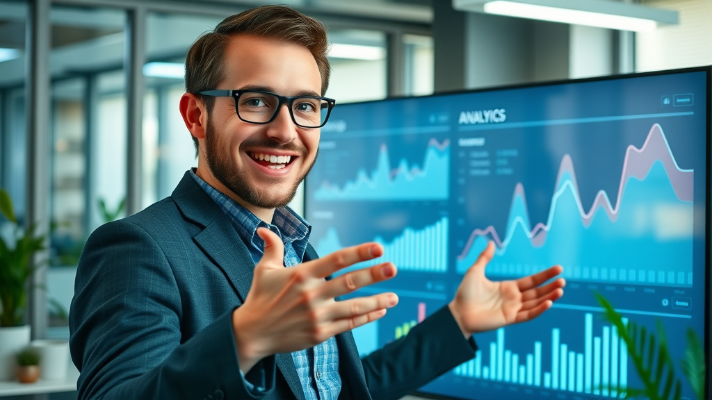 Business owner presenting blog analytics on an interactive screen - blogging tips for entrepreneurs