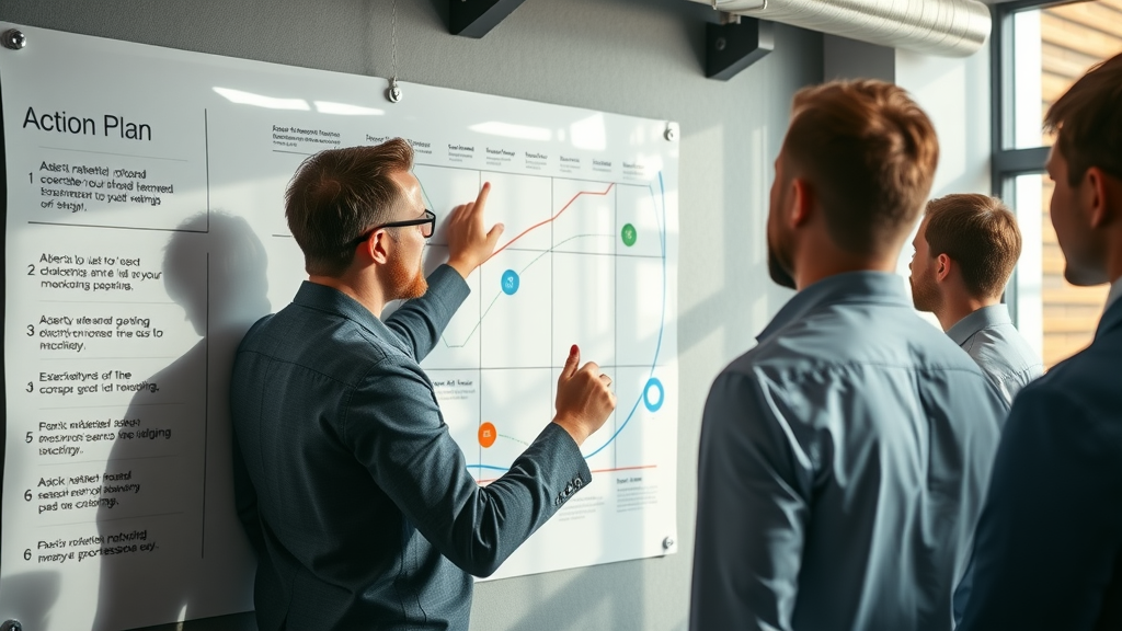 Strategic marketing manager mapping action plan for content strategy for local brands on wall board in creative agency office
