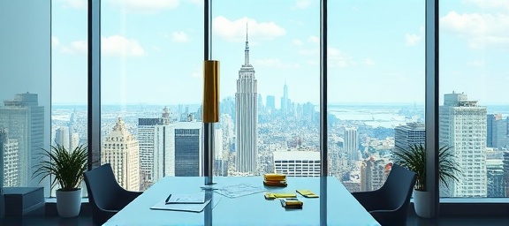 emerging brand voice, innovative, establishing identity, photorealistic, sleek modern office overlooking the city, highly detailed, post-it notes and sketches, full HD, pastel colors, natural daylight, shot with a 24-70mm lens.