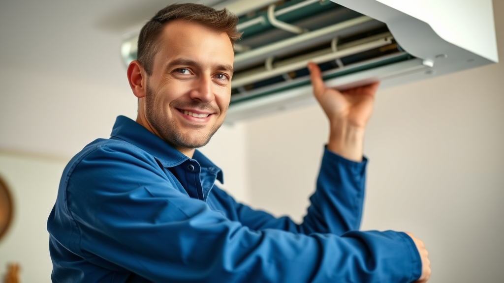 HVAC technician performing air conditioning installation in modern home.