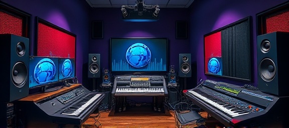 evolving voice creation, thoughtful, designing audibly impactful experiences, photorealistic, futuristic sound studio filled with digital instruments, highly detailed, waveforms and speakers, macro shot, vibrant colors, studio lighting, shot with a 100mm lens.