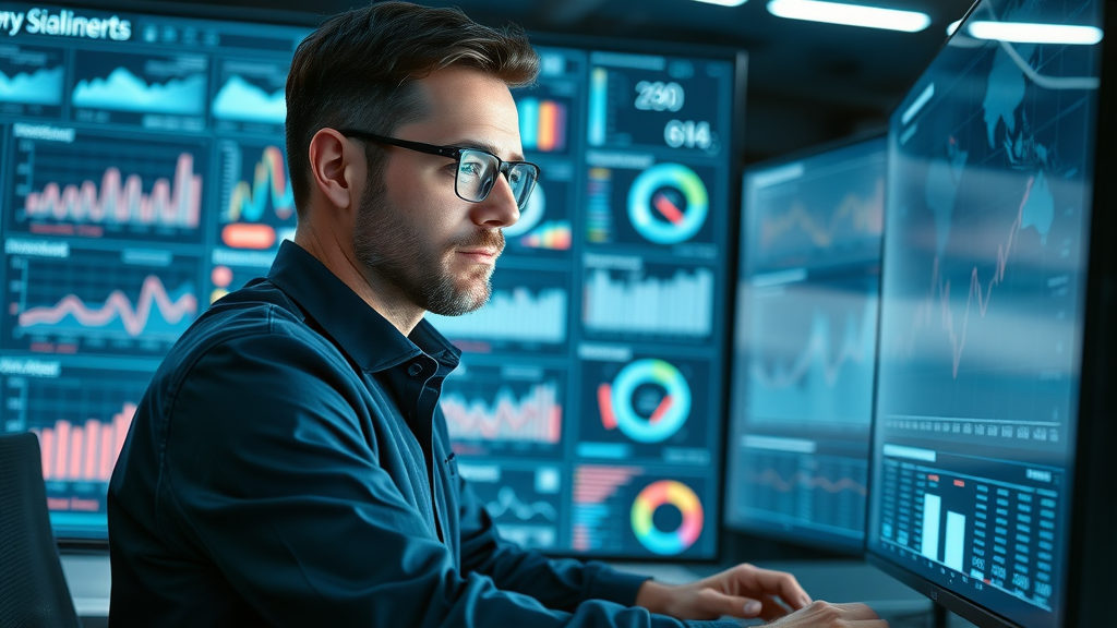 data analyst reviewing digital marketing analytics dashboard for service businesses, large monitor with holographic data visualization in high-tech command center