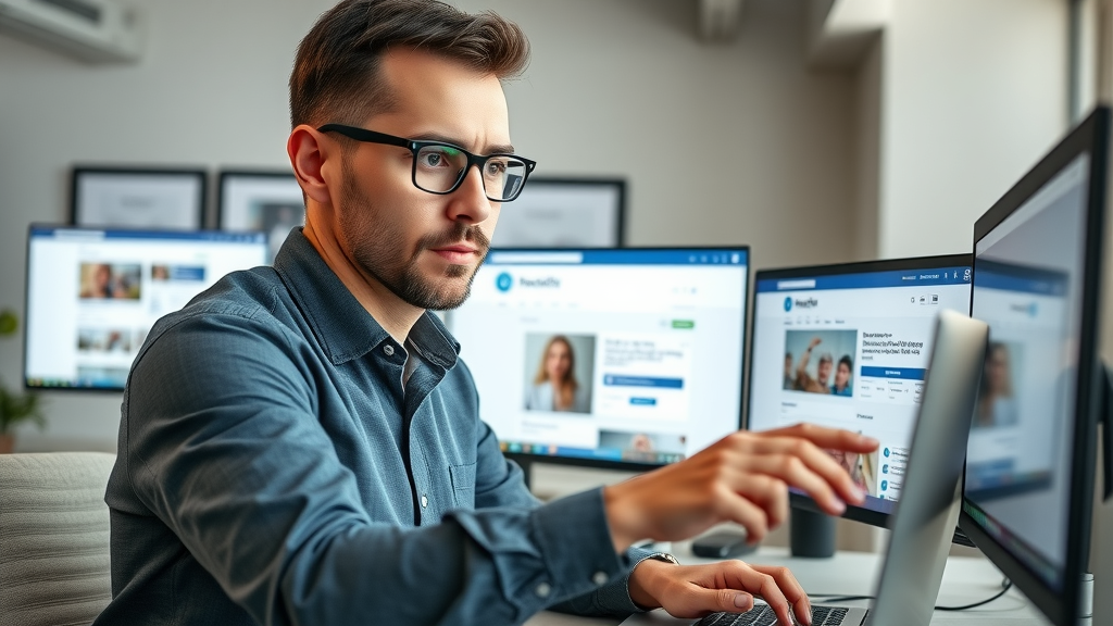 confident marketer building facebook retargeting campaign for local businesses, ad creative on screen, facebook ads manager