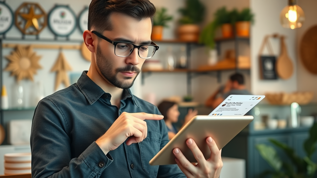 Small business owner optimizing Google Business Profile for local content marketing in their boutique or cafe