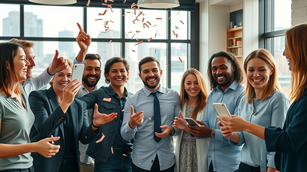 marketing team celebrating success of blog to social media strategy in a modern office with city views, confetti and digital notifications
