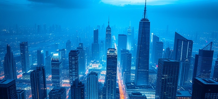 visionary AI innovation, inspired, conjuring futuristic cityscapes, photorealistic, skyline filled with holographic towers, highly detailed, cascading data grids, 4k resolution, electric blue, diffused morning light, shot with a Panasonic Lumix S1R lens
