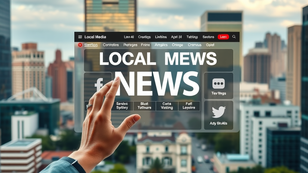 vibrant local news media website interface, welcoming, displaying interactive elements, urban city background, clickable menu items, media site design tips