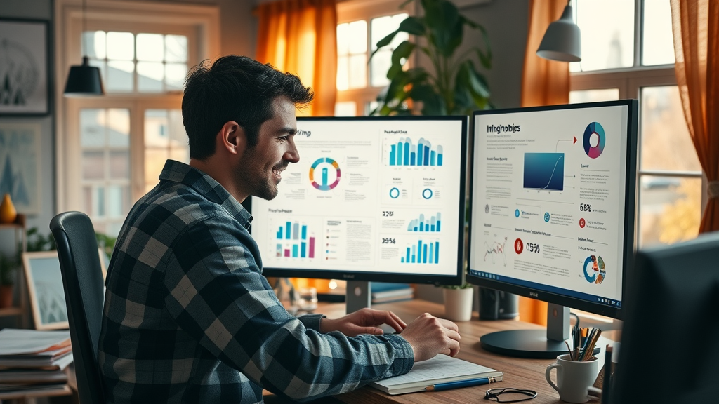 Designer crafting an infographic from a blog draft for social media repurposing in a creative home office with dual monitors and infographic icons.