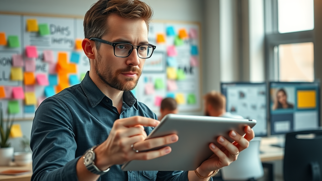 Creative marketer brainstorming blog ideas with sticky notes and a tablet - blogging tips for entrepreneurs