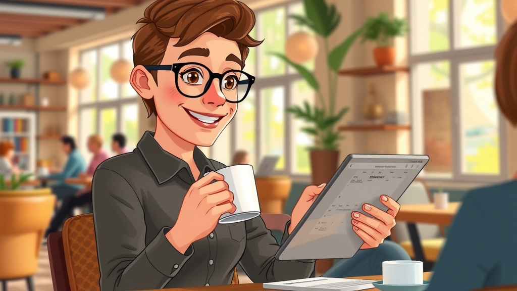 Organized blogger updating blog content calendar on tablet in cafe