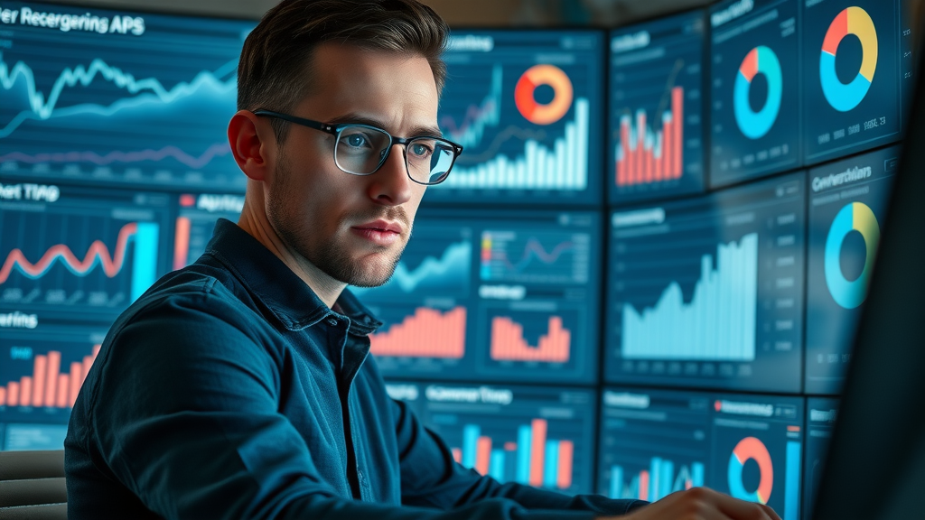 marketer analyzing retargeting ad performance metrics and conversion rates with dashboard metrics, multiple screens