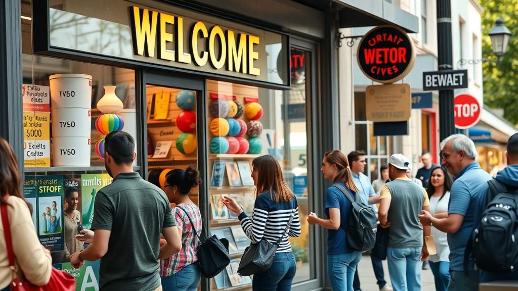 Vibrant local storefront bustling with diverse customers, welcoming, displaying expertly crafted marketing materials in a city street shopping district