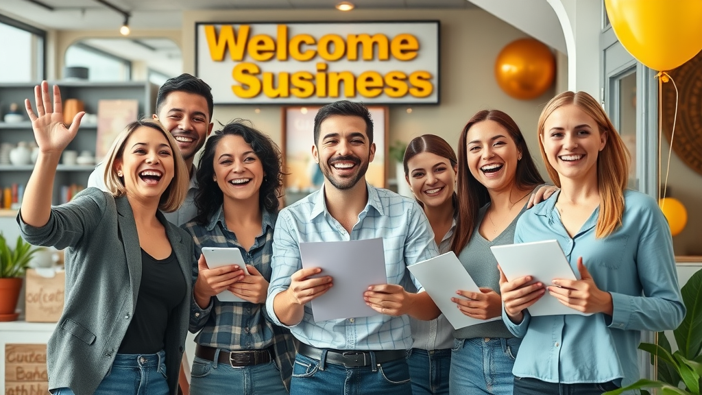 Small business team celebrating launch of referral program event, promote your business locally