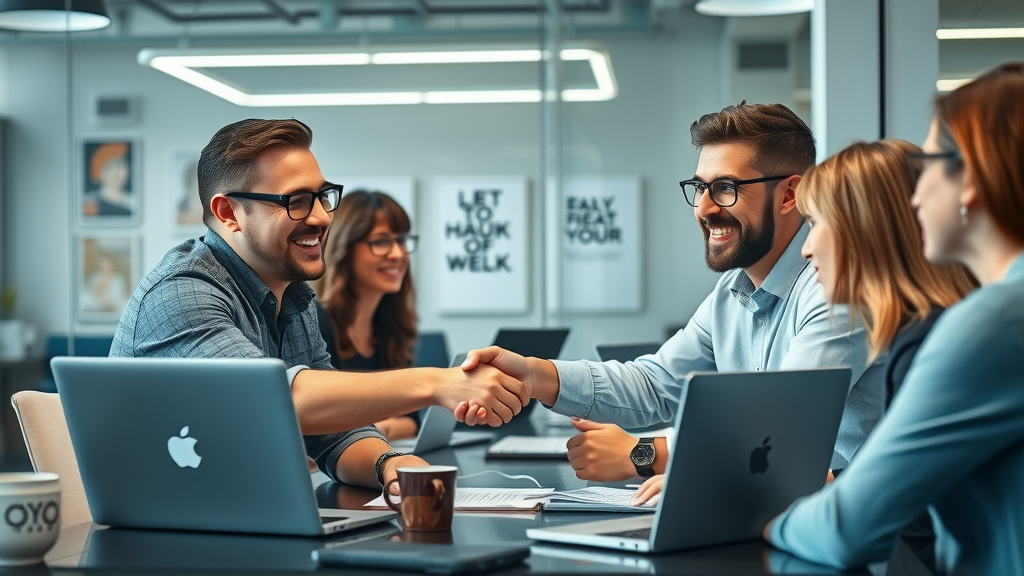 collaborative bloggers shaking hands after a guest blog content idea discussion in startup office