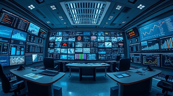 cutting-edge AI analytics, insightful, evaluating, photorealistic, high-tech control room with interactive displays, highly detailed, real-time analytics and stock tickers, cinematic quality, cool grays and whites, spotlight effect, shot with a fisheye lens.