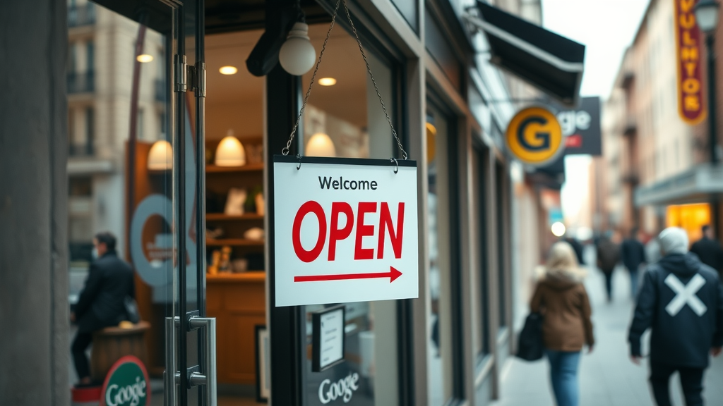Professional small business storefront displaying Google stickers, signaling strong Google Business presence and engagement.