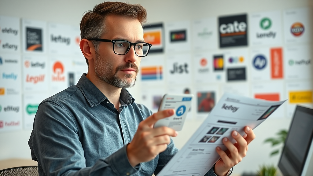 Professional content manager reviewing branded content assets for consistency in a modern workspace for repurposing blog content for social media platforms.