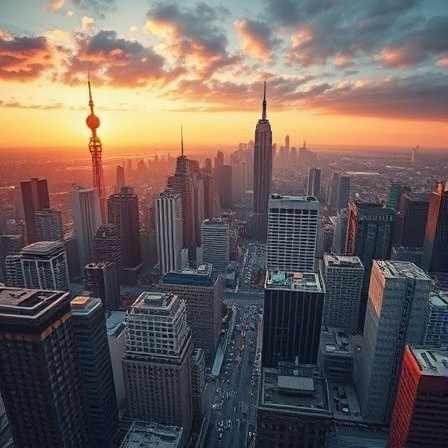 strategic AI strategy, thoughtful, orchestrating smart city infrastructure, photorealistic, panoramic urban skyline, highly detailed, interconnected smart devices illustration, high-dynamic-range, warm sunset hues, natural golden lighting, shot with a Fujifilm GFX100 lens