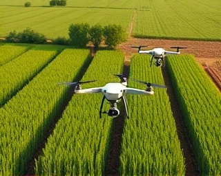 robust AI technology, dynamic, managing swarm AI in agriculture, photorealistic, expansive rural farmland with drones, highly detailed, seamless coordination, 12k resolution, lush green and earth tones, warm daylight, shot with a Sony Alpha 1 lens