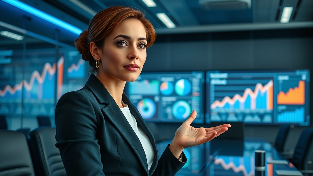 confident businesswoman presenting content marketing strategy analytics in a high-tech meeting room