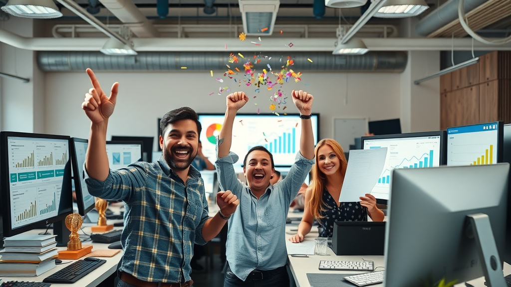thrilled marketers celebrating brand growth achieved with content marketing strategies