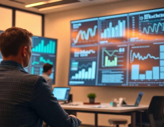 AI strategy, focused, analyzing, photorealistic, modern office with digital screens and whiteboards, highly detailed, virtual data flows displayed, ultra-high-definition, warm earth tones, soft ambient lighting, shot with a standard prime lens.