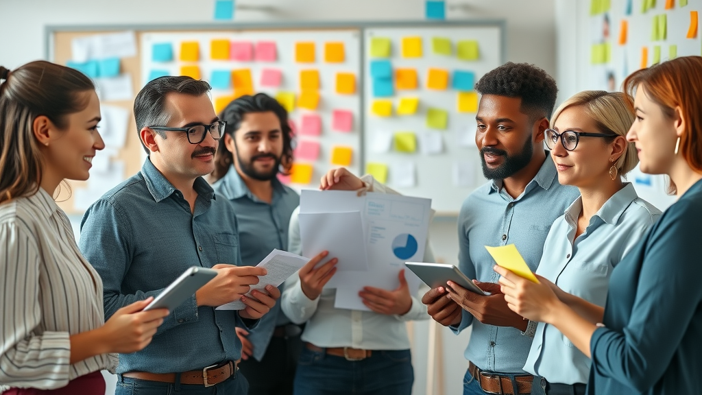 diverse business team developing customer personas for digital marketing for service businesses with color-coded sticky notes in a creative agency office