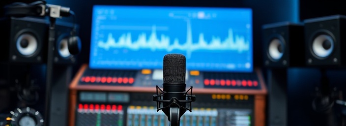 articulate voice identity, clear, resonating across platforms, photorealistic, state-of-the-art recording setup, highly detailed, headphone and audio panels, perfectly focused, monochrome colors, cool lighting, shot with a tilt-shift lens.