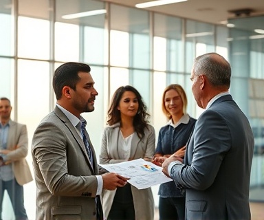 strategic automation strategy meeting, thoughtful expression, brainstorming ideas, photorealistic, sleek office environment with glass walls, highly detailed, animated discussion with digital charts, telephoto lens, warm earthy tones, natural daylight