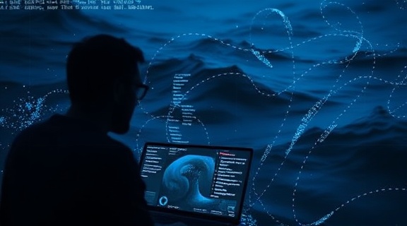 human-computer hybrid, intrigued, conducting a website audit, photorealistic, digital ocean with cascading code, highly detailed, rising and falling binary waves, 4k resolution, deep sea blue, bioluminescent reflections, shot with a wide-angle lens