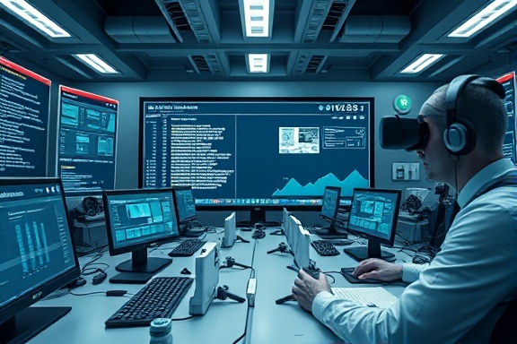 comprehensive website testing scenario, methodical, running simulations, photorealistic, innovative tech environment with VR devices, highly detailed, error logs and success rate counters rolling, 4k resolution, clean whites and grays, focused spotlight, shot with a Panasonic Lumix G 20mm f/1.7 lens.