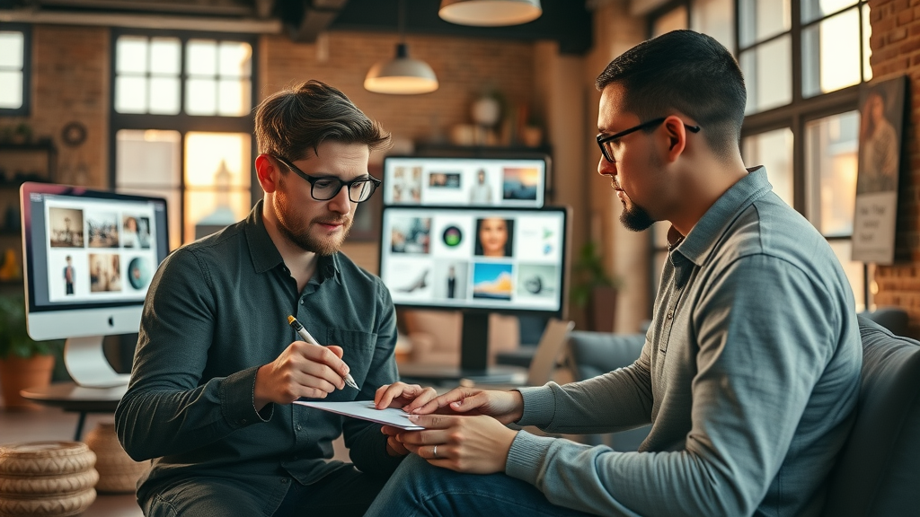 Creative copywriter and designer collaborating to maximize content marketing tips impact with engaging visuals and messaging