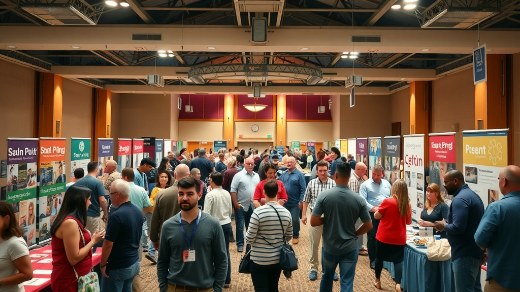 vibrant local business event with networking and promotional stands supporting service business marketing strategies