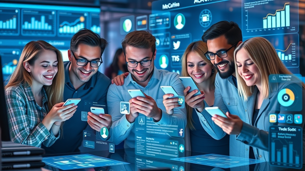 Dynamic team posting consistent media content across social media platforms for optimal brand awareness and engagement