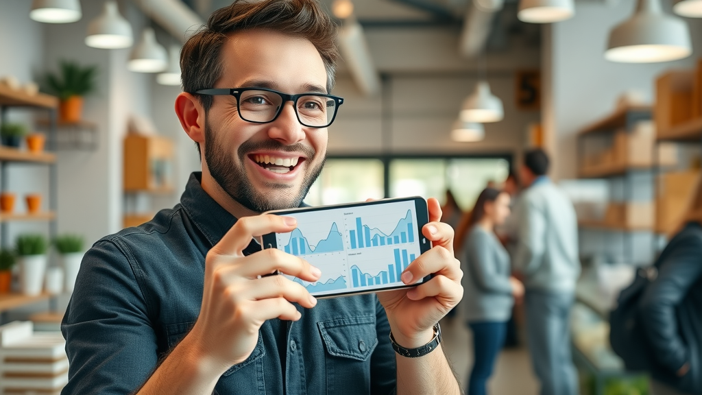 Cheerful local business owner tracking SEO performance on a smartphone with shop in background.