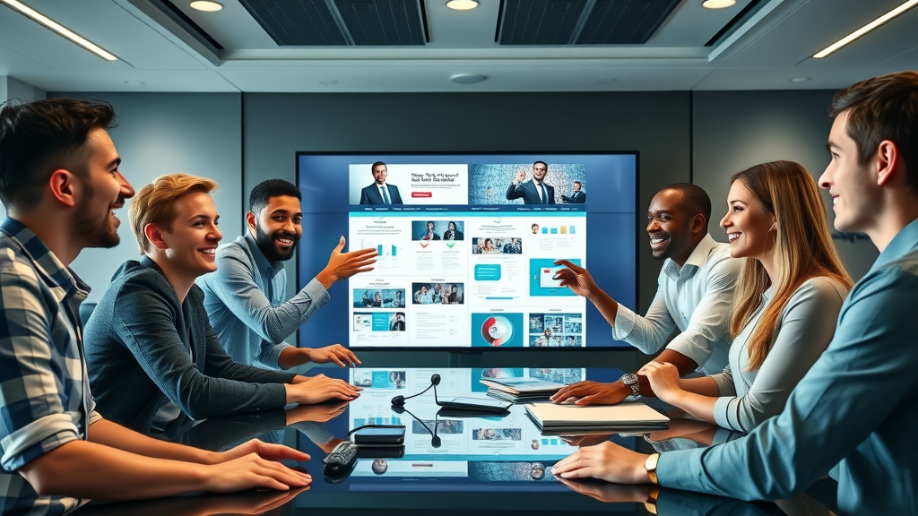 creative marketing team mapping a multi-channel digital marketing campaign for service businesses on a digital screen in a sleek boardroom