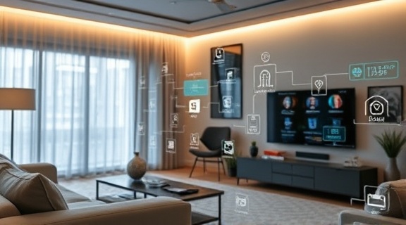 sophisticated digital channels, connected, highlighting smart technology, photorealistic, modern living space with IoT gadgets and ambient lighting, highly detailed, streamlined tech interfaces, sharp resolution, sleek metallic color scheme, subtle ambient glow, shot with a 40mm lens.