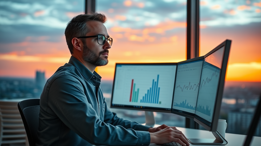 strategic marketer analyzing performance dashboard for optimizing content marketing strategy