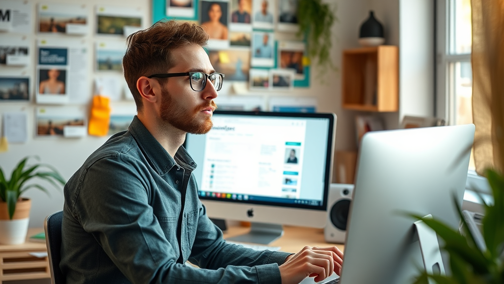 creative researcher searching trending keywords on desktop, fueling new blog content ideas with keyword research