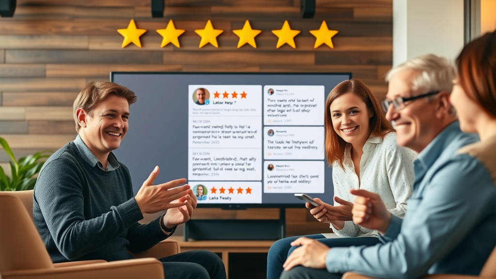 happy customers sharing positive testimonials for service business to build social proof and increase website conversion