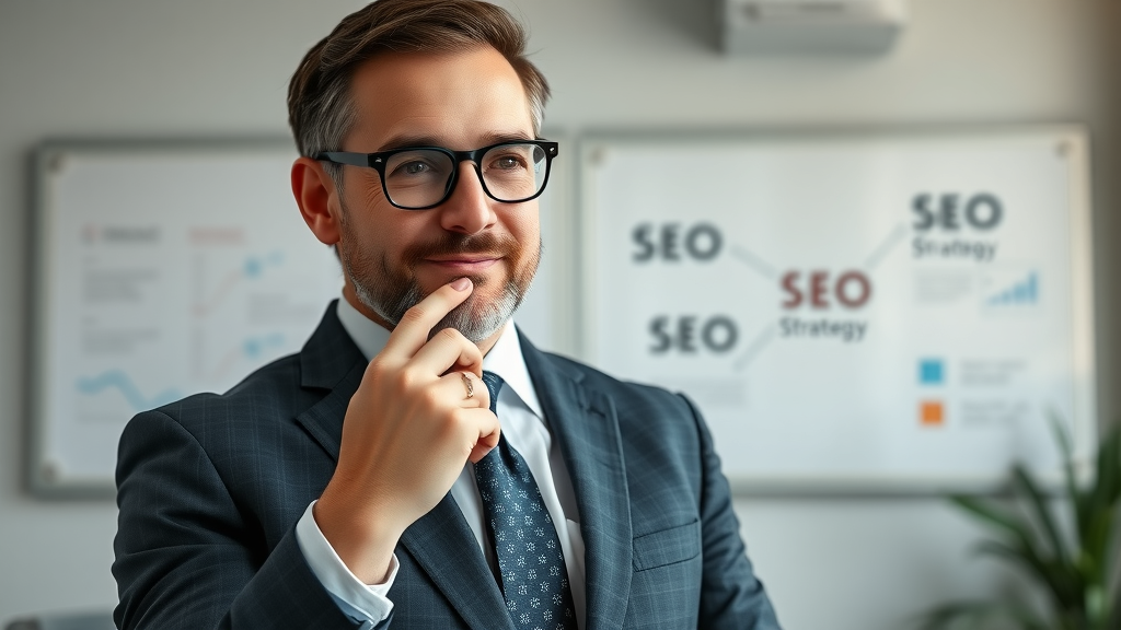 SEO expert advising on local business website strategies with SEO diagrams in background.