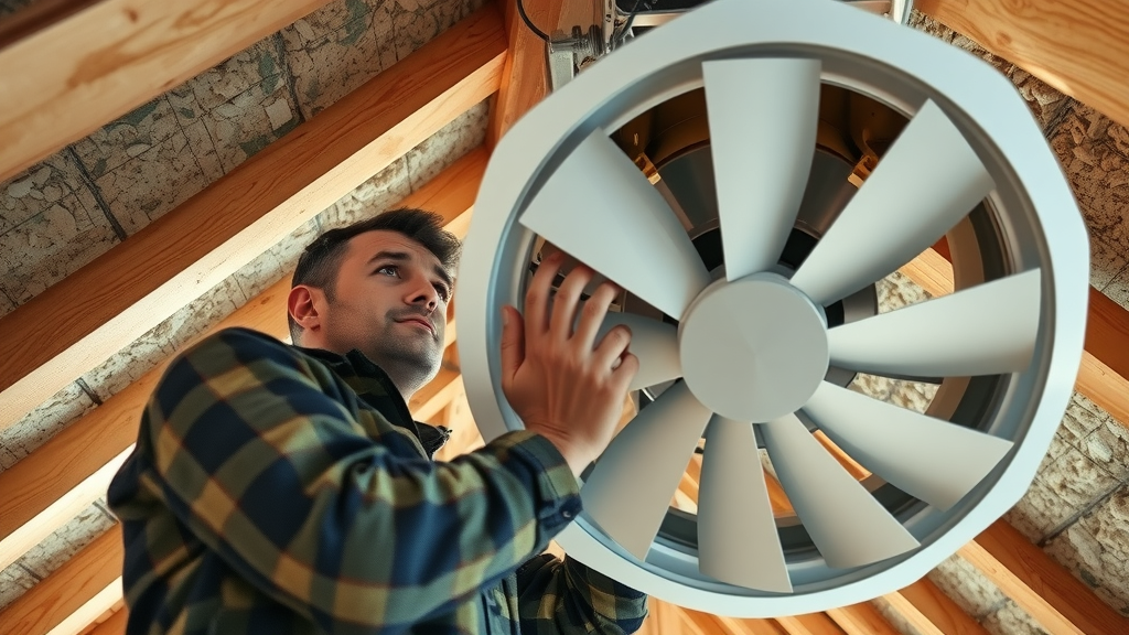 Professional HVAC technician installing whole house fan in attic space