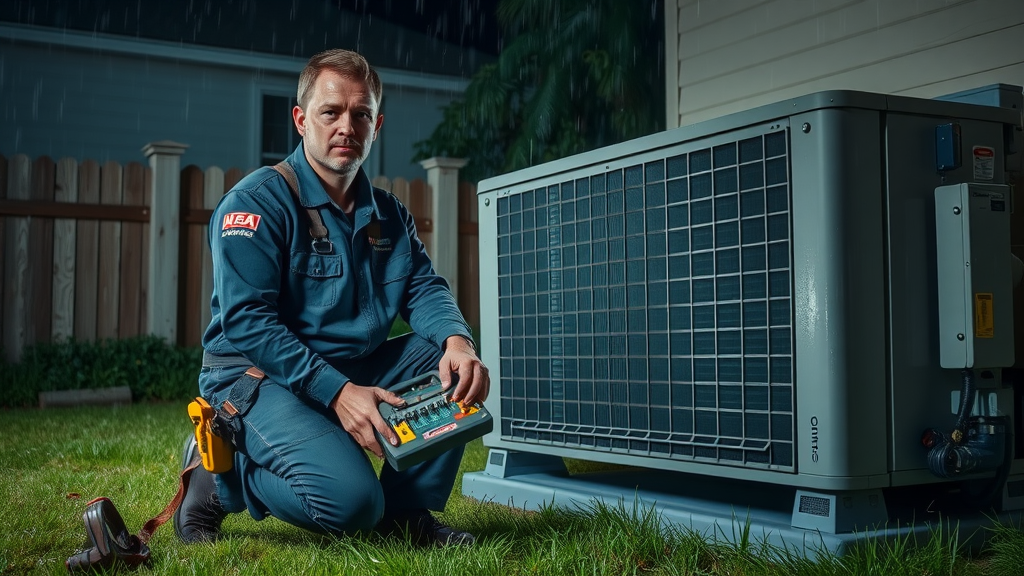 Technician performing emergency HVAC repairs on AC unit in rainy Long Beach night