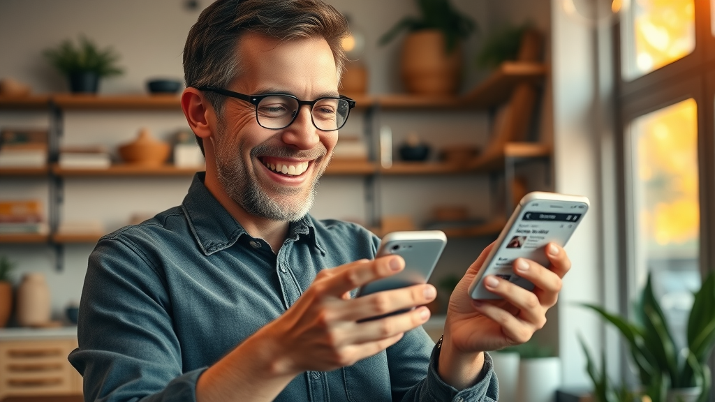 happy local business owner checking facebook retargeting ad results, mobile phone, cozy store setting