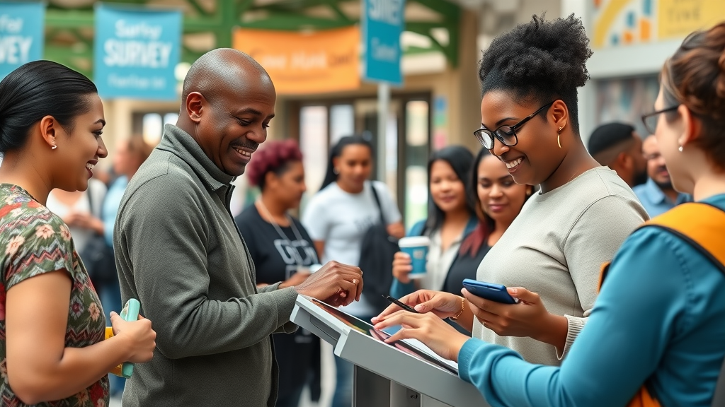 Community members participating in a local survey event for content marketing, engaging at a tablet kiosk