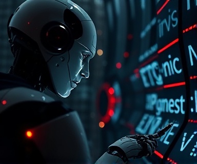robotic analyst, intrigued, navigating a stream of URLs, photorealistic, labyrinthine network cables, highly detailed, pulsating connection nodes, ultra-HD, monochrome with red highlights, moody sidelight, shot with a macro lens
