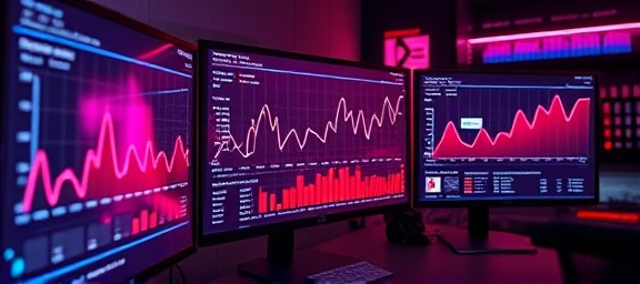 dynamic website analytics screen, curious, interpreting user behavior, photorealistic, contemporary tech lab with interactive screens, highly detailed, fluctuating graphs and real-time data updates, full HD, rich reds and purples, dimmed ambient lighting, shot with a Sigma 35mm f/1.4 DG HSM Art lens.