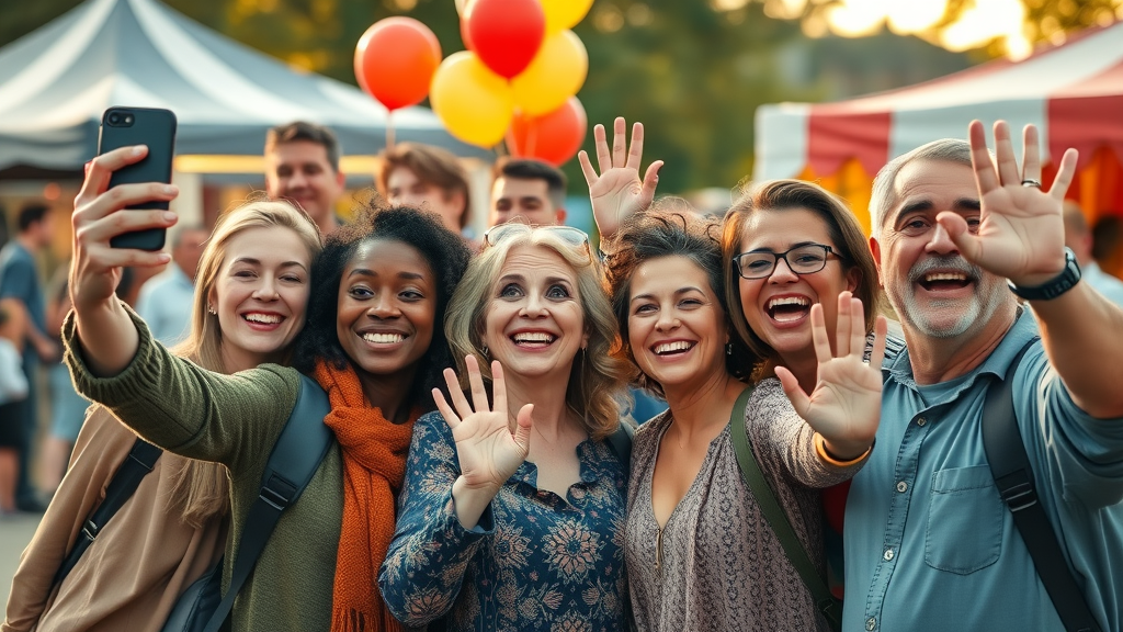 Diverse community group taking selfie at local event, joyful, outdoor fair for local content social media